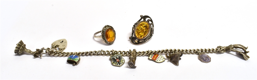 SILVER CHARM BRACELET & RINGS Curb link bracelet, 15cm long x 4.6mm wide, with heart shaped