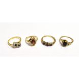 VARIOUS GEM & DIAMOND SET GOLD RINGS Three 9ct gold rings, one set with an oval hessonite garnet,