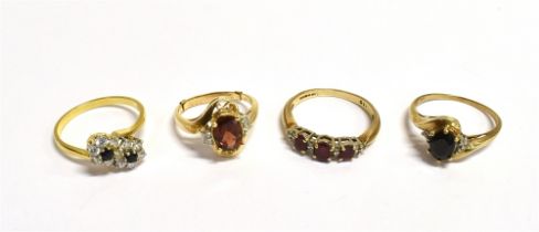 VARIOUS GEM & DIAMOND SET GOLD RINGS Three 9ct gold rings, one set with an oval hessonite garnet,