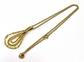 9CT GOLD PENDANT & CHAIN A 4.2cm long, pear shaped textured and plain, articulated pendant with