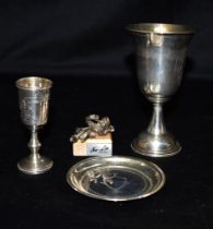 JEWISH SILVER CHALICE, PATEN & CUP Chalice stands 12.5cm tall, decorated with bright cut work