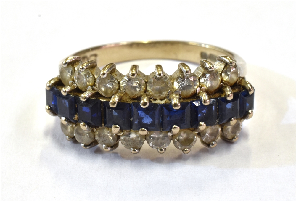 18CT SAPPHIRE & DIAMOND ETERNITY 8.8mm wide three row claw set eternity, with central row of of step