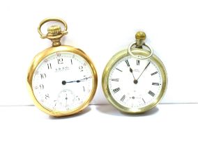 TWO OPEN FACE GENTS POCKET WATCHES One in rolled gold in a Keystone case, with white enamel dial