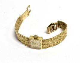 LADIES RETRO 9CT GOLD ROTARY DRESS WATCH 14.3mm square case, silvered dial, gold hands and batons,