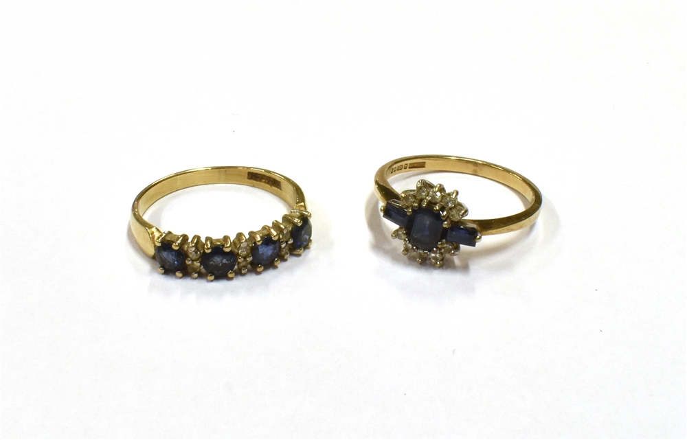 9CT GOLD SAPPHIRE & DIAMOND RINGS One cluster ring set with an octagonal step cut and baguette cut