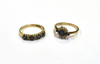 9CT GOLD SAPPHIRE & DIAMOND RINGS One cluster ring set with an octagonal step cut and baguette cut