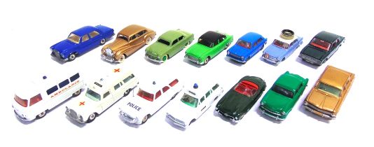 FOURTEEN ASSORTED DIECAST MODEL VEHICLES circa 1950s-60s, by Dinky (8), Corgi (5), and Matchbox (1),