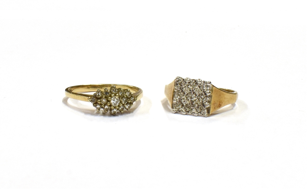 9CT GOLD & DIAMOND DRESS RINGS One ring square pave set single cut diamond ring, estimated 0.09