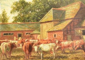 BRITISH NAIVE SCHOOL (LATE 19TH CENTURY) Farmyard with Ayrshire cattle, oil on panel, unsigned, 21.