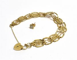 9CT GOLD GATE BRACELET & DIAMOND EARRING 16cm long fancy gate link bracelet with heart shaped