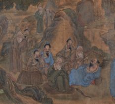 A CHINESE SCROLL probably 19th century, black ink and gouache, depicting elders and others in a