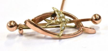 VICTORIAN SWALLOW & WISHBONE BROOCH 4.2cm long, 9ct rose gold (tested) wishbone and knife edge bar