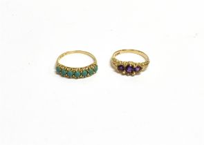 9CT GOLD GEM SET DRESS RINGS One wishbone claw set with round turquoise cabochons, ring size O.