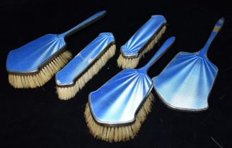 ART DECO SILVER DRESSING TABLE SET Silver mounted and decorated with sky blue guilloche enamel,