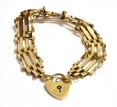 9CT GOLD GATE LINK BRACELET 17cm long, 12.8mm wide four bar fancy link bracelet with heart shaped