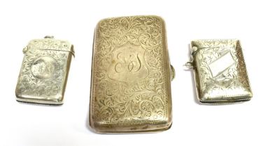ANTIQUE SILVER VESTA & CIGARETTE CASES To include one cushion shaped with foliate engraving and