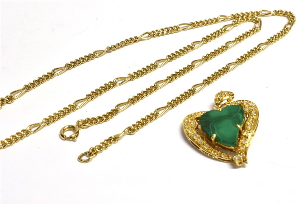 DIAMOND & MALACHITE WITCH'S HEART In 18ct gold, (tested) approx 3.3cm long x 2.5cm wide, claw set