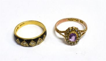ANTIQUE DIAMOND & GEM SET RINGS An 18ct gold mourning ring with black enamel head set with five