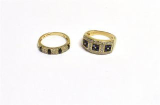 9CT GOLD SAPPHIRE & DIAMOND RINGS One with bezel set square cut dark blue sapphires estimated to