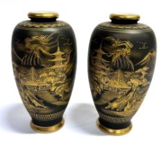 A PAIR OF SOKO CHINA [JAPANESE] POTTERY VASES with hand-painted gold pagoda, garden and mountain
