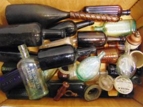 ASSORTED GLASS BOTTLES beer, medicine, poison and others, including one aqua flask marked 'W.H.