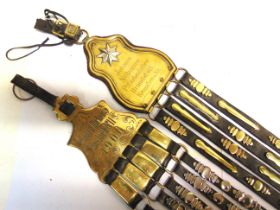 TWO GERMAN HORSE HARNESS BRASS BREAST PLATES one engraved 'Georg Hicker / Haslach No.11 / 1906', and
