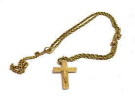 ANTIQUE 9CT GOLD CHAIN & CRUCIFIX 40cm long rope link and orb chain with clip clasp and Latin