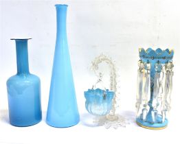 ASSORTED LATE 19TH CENTURY BLUE GLASSWARE comprising a table lustre, with painted floral decoration,