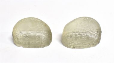 A PAIR OF RENE LALIQUE PART-FROSTED GLASS MENU HOLDERS comprising 'Groseilles', engraved to the base