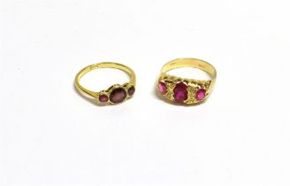 18CT GOLD GEM SET RINGS One belcher claw set with three oval synthetic rubies, estimated to total