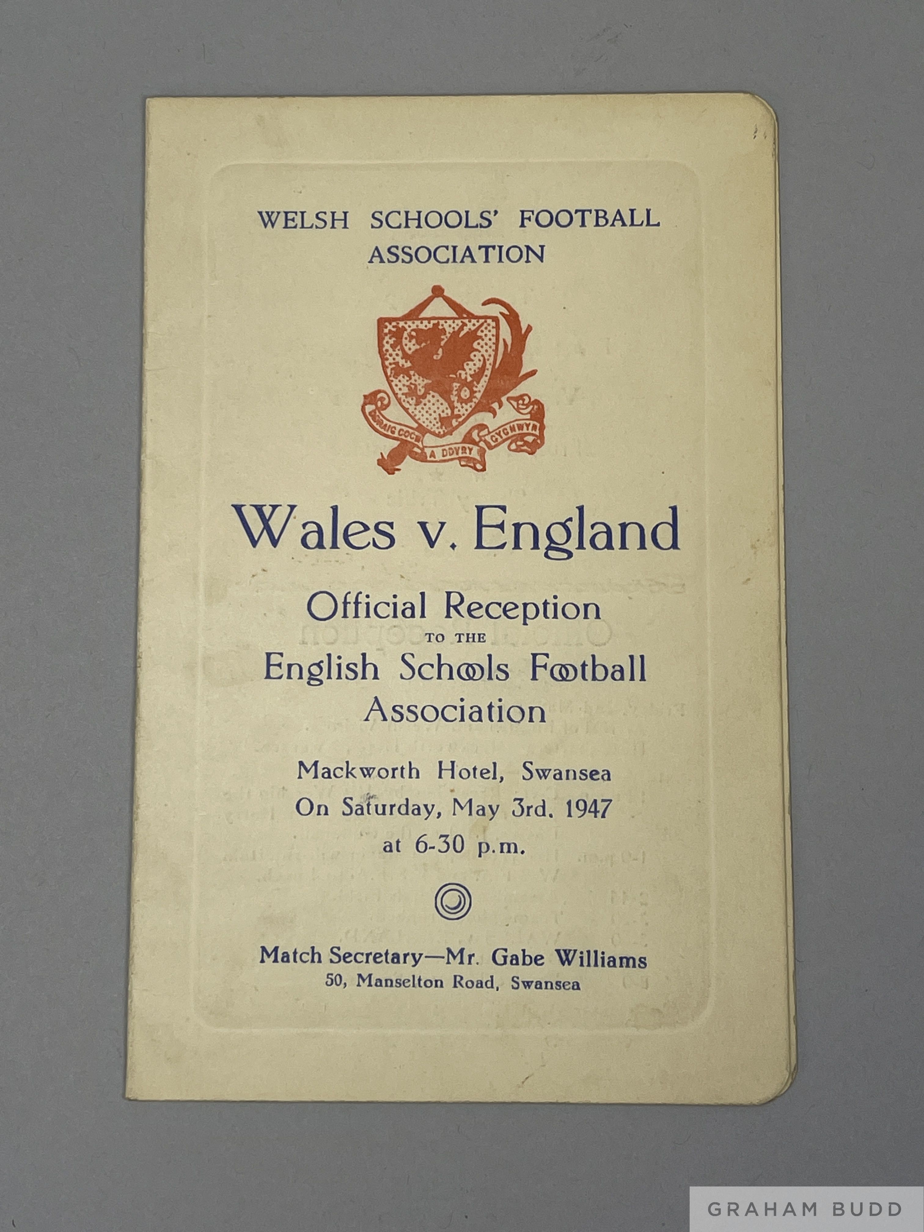 A Wales v. England official reception and menu card 1947