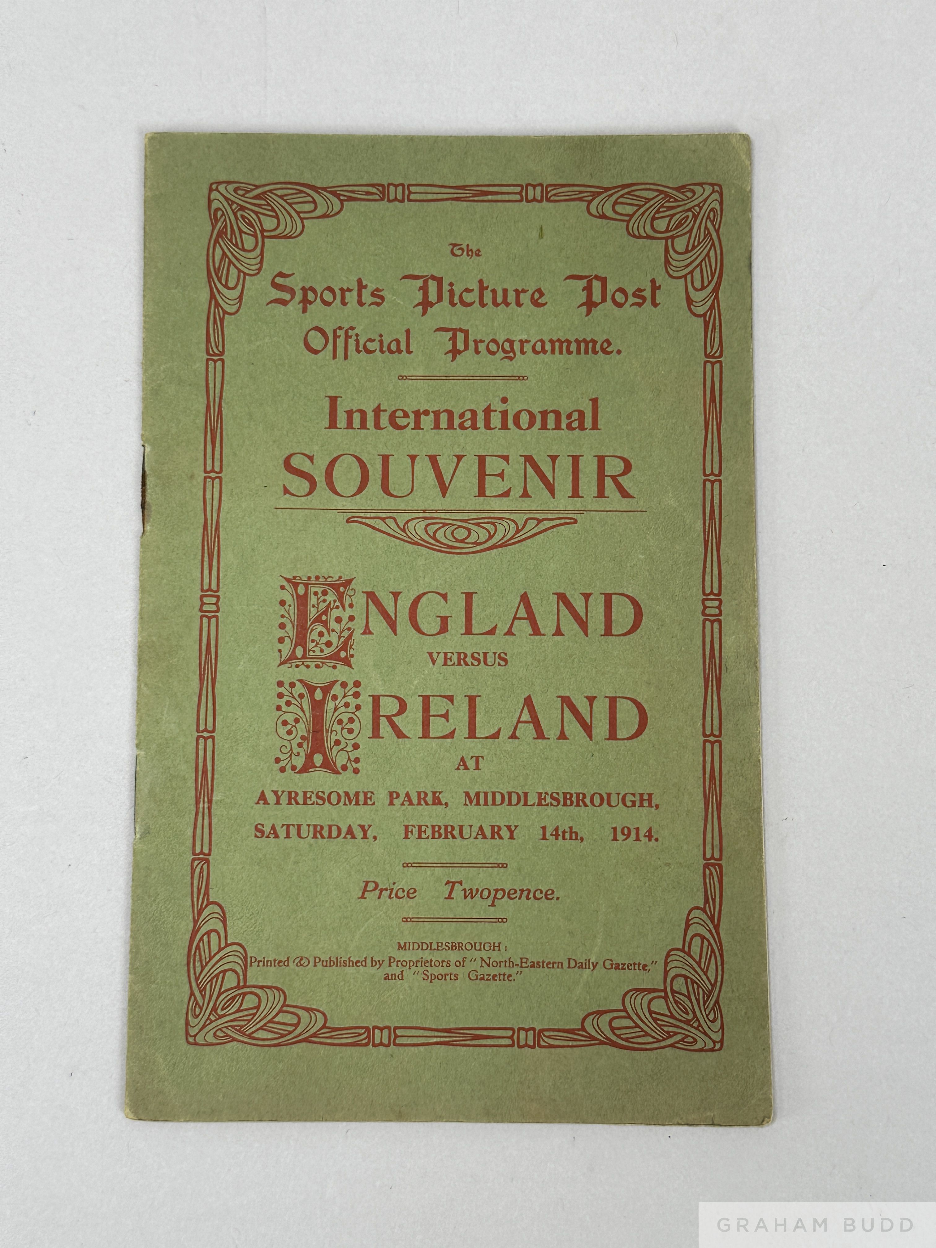 England v Ireland international programme played at Middlesbrough, 14th February 1914,