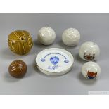 Six various ceramic footballs including cruet set and Crested wear example