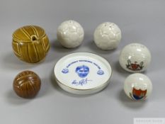 Six various ceramic footballs including cruet set and Crested wear example
