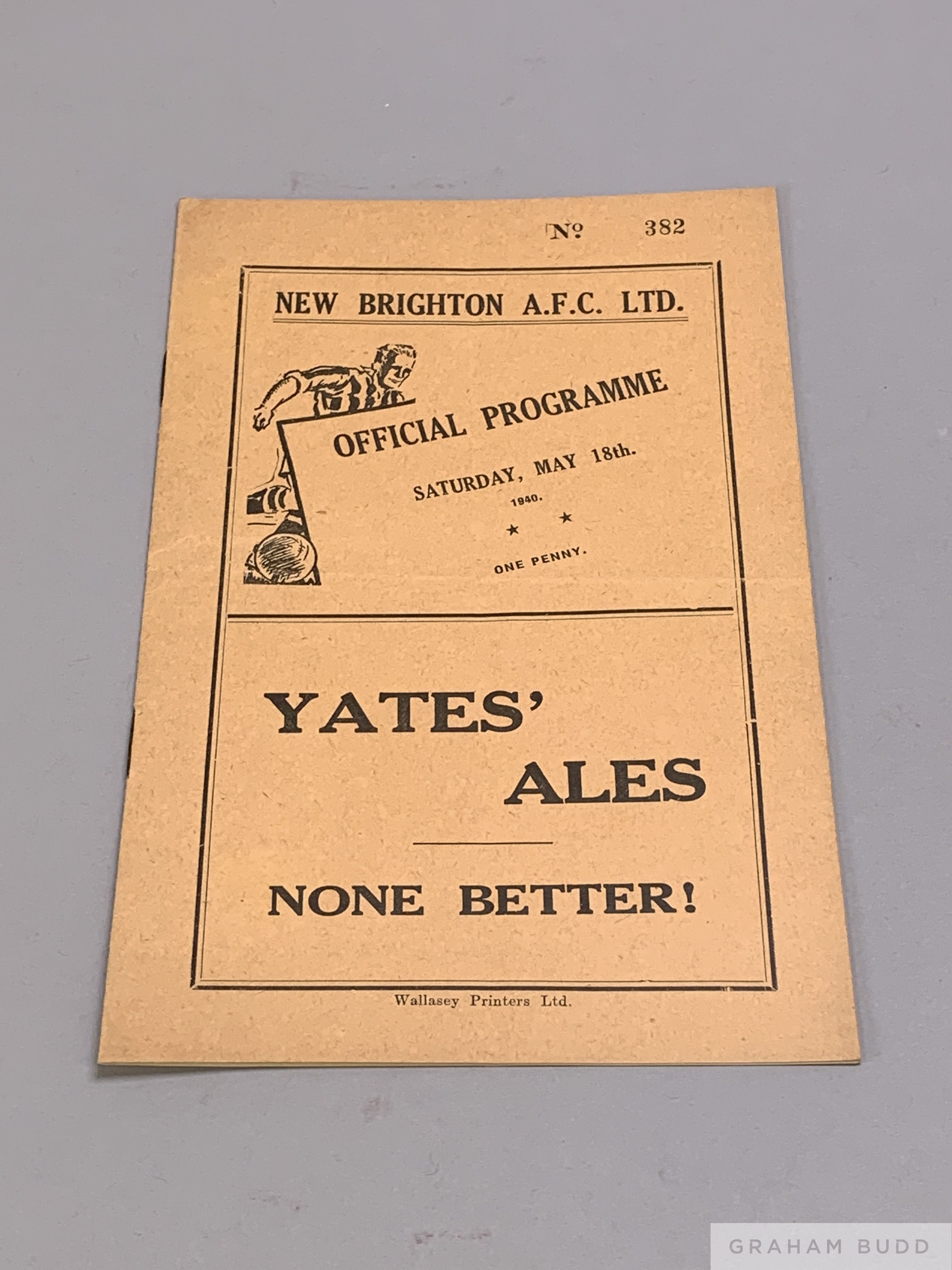 New Brighton A.F.C. v Manchester United, match programme, 18th May 1940