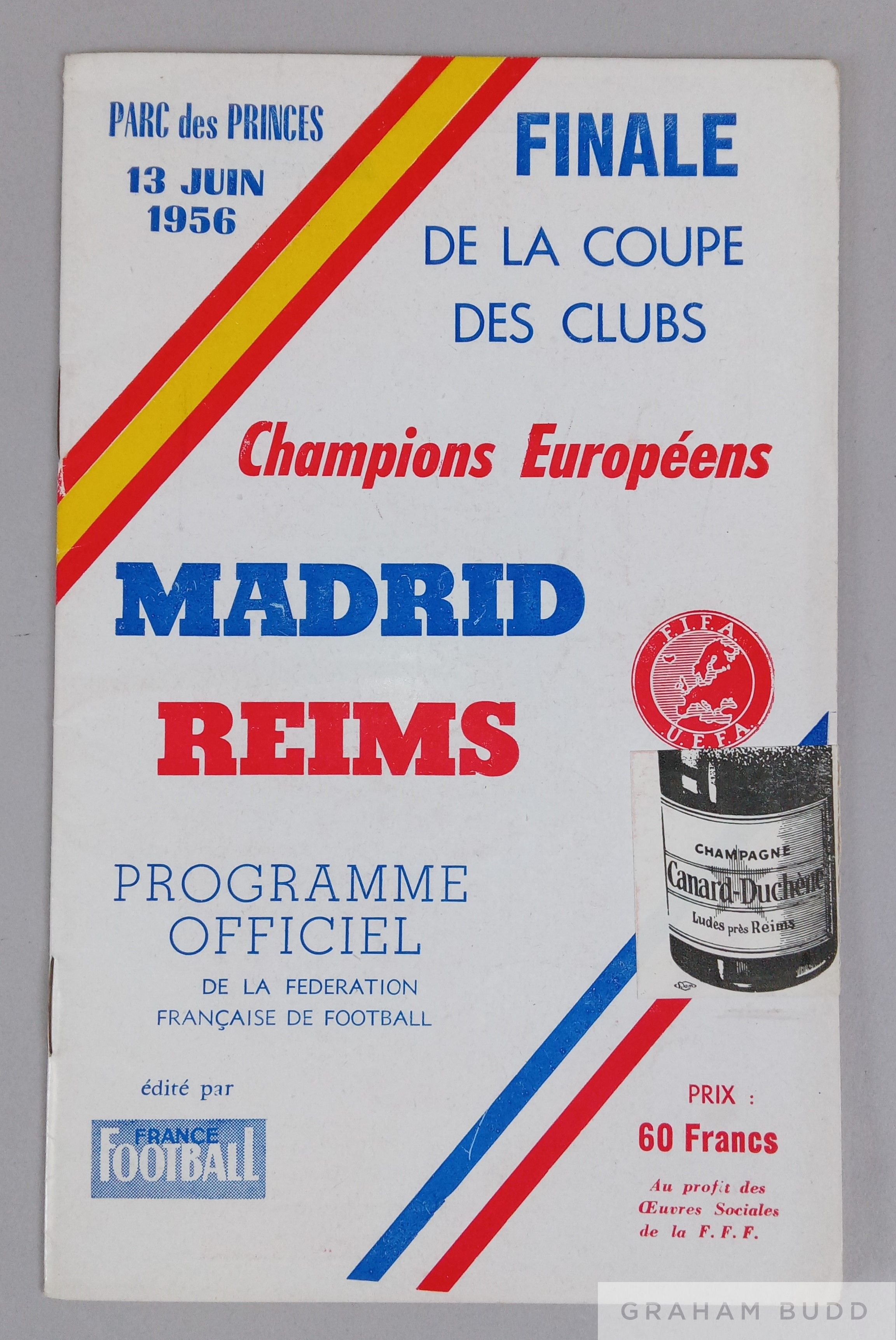 A programme for the first UEFA European Cup Final Real Madrid v Reims, played at the Parc des Prince