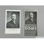 A postcard featuring a photographic portrait of England's first ever football goal scorer