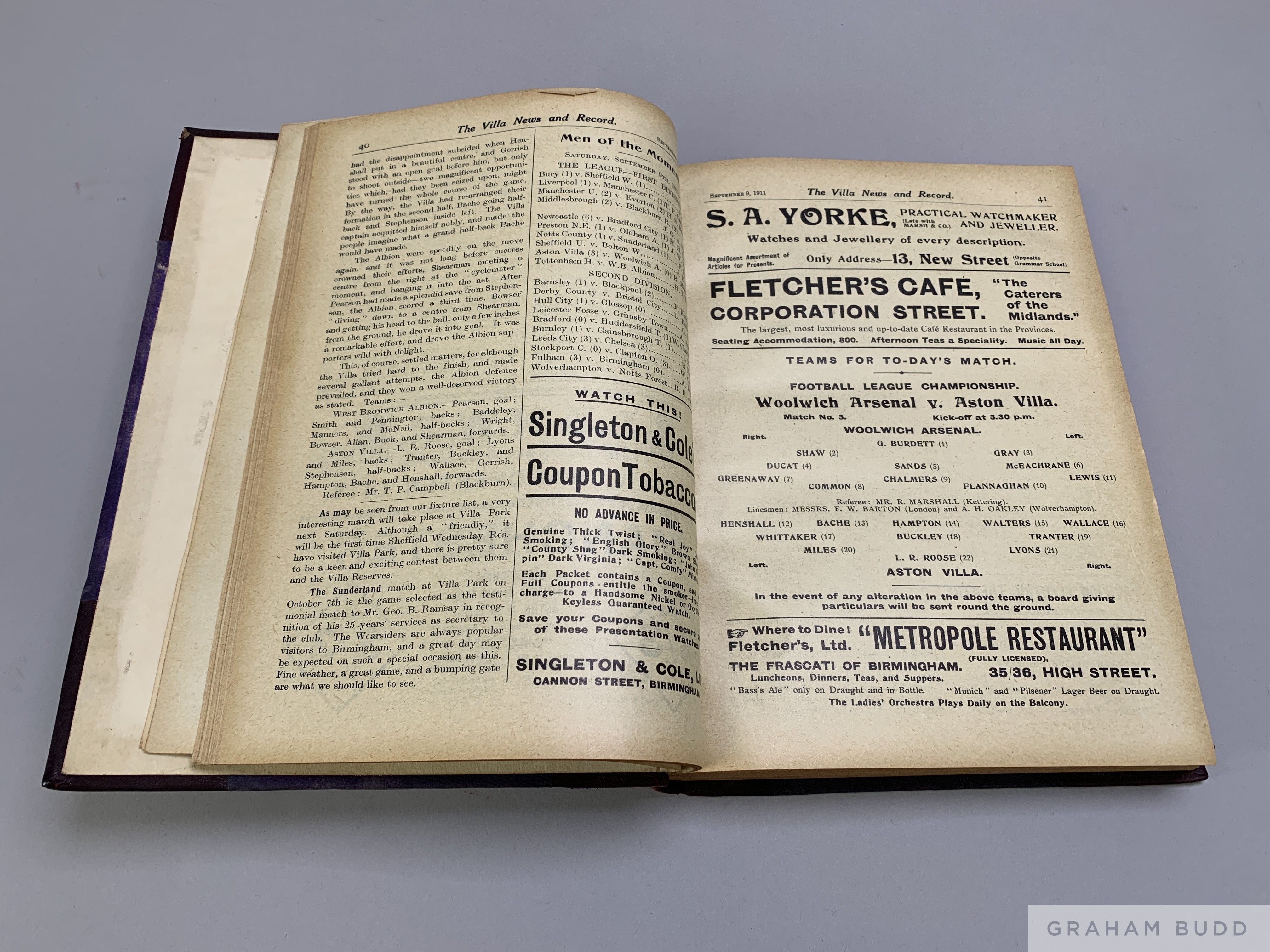 Bound volume of Aston Villa home match programmes, 1911-1912