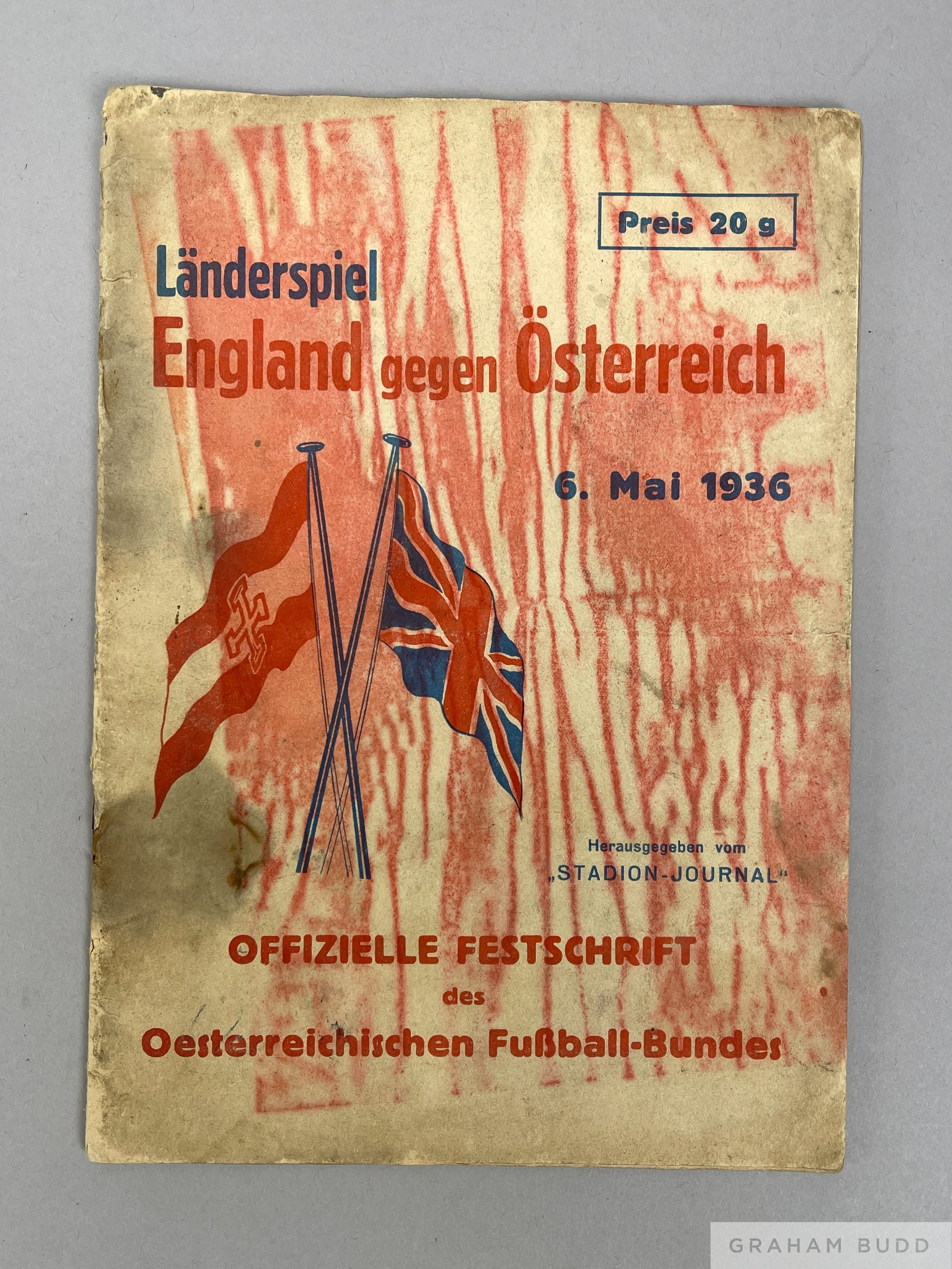 Very rare football programme Austria v England, 6th May 1936 in Vienna,