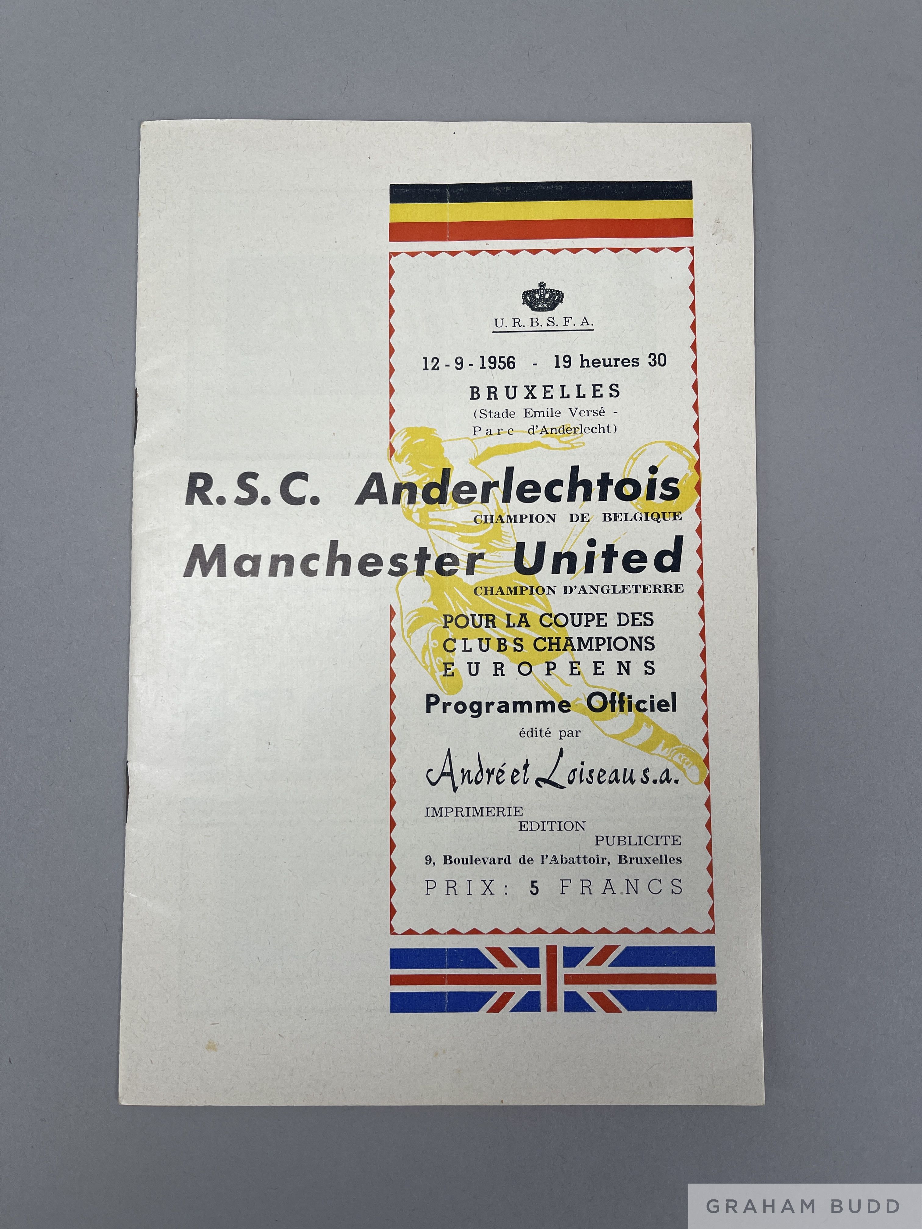 Manchester United programme for their first match in European Cup Away at R.S.C. Anderlecht,