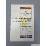 Manchester United programme for their first match in European Cup Away at R.S.C. Anderlecht,