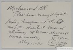 A Muhammad Ali handwritten, autographed and illustrated card, 1984