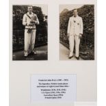 Two tennis b&w photographs of Fred Perry with typed tennis record legend below,