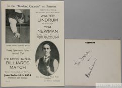 Tom Newman & Walter Lindrum World Billiards Champions pair of original vintage ink signatures