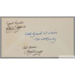 Matt Busby, Tommy Docherty & David Sadler, Manchester United, original signed card,