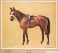 Red Rum print by Neil Cawthorne, 1979, signed in pencil by Donald 'Ginger' McCain,
