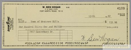 Ben Hogan nine Major Championship Victories 1948-53 scarce original signed personal cheque,