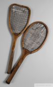 Two wooden framed tennis racquets,