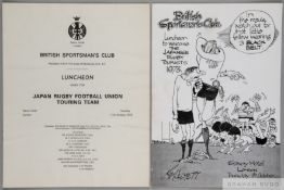 Japan rugby union tourists to the UK 1973 original British Sportsman’s Club menu and seating plan,