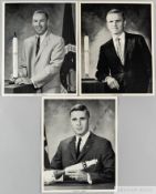 Three black and white studio portraits of U.S. Astronauts with printed signatures